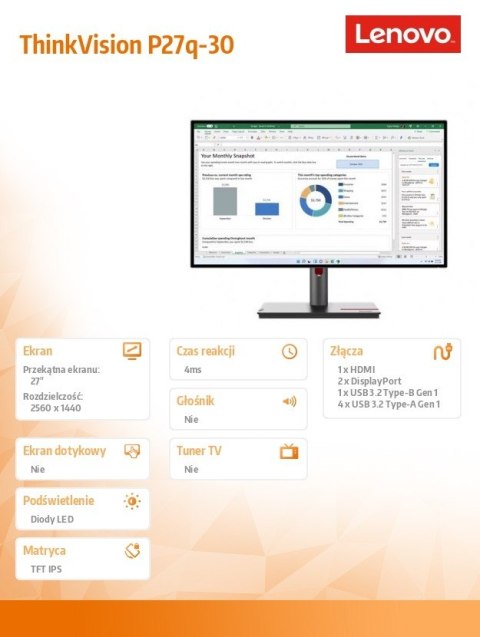 Monitor 27 cali ThinkVision P27q-30 WLED LCD 63A2GAT1EU Monitor 27 cali ThinkVision P27q-30 WLED LCD 63A2GAT1EU