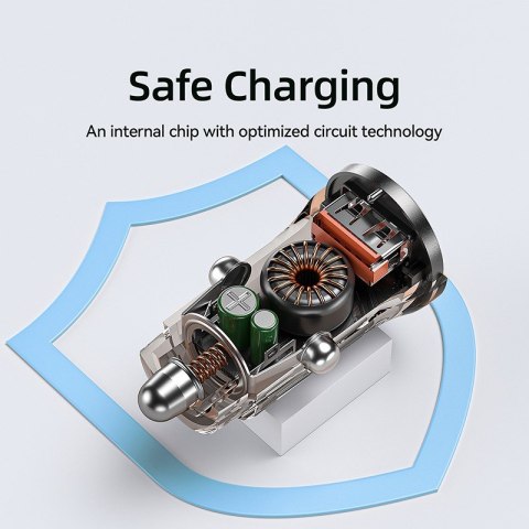 Ładowarka samochodowa USB-C & USB-A Fast Charging 30W Czarna / Przezroczysta Ładowarka samochodowa USB-C & USB-A Fast Charging 30W Czarna / Przezroczysta