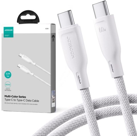 Kabel USB-C / USB-C Joyroom SA34-CC3 100cm 60W 5A PD w oplocie biały Kabel USB-C / USB-C Joyroom SA34-CC3 100cm 60W 5A PD w oplocie biały