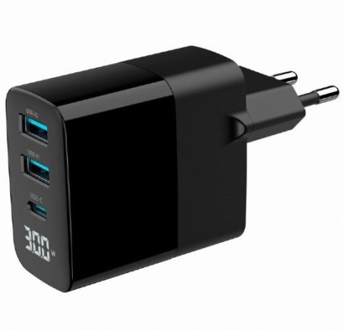 Ładowarka GaN 2xA 1xC LCD 30W PD QC3.0 czarna Ładowarka GaN 2xA 1xC LCD 30W PD QC3.0 czarna