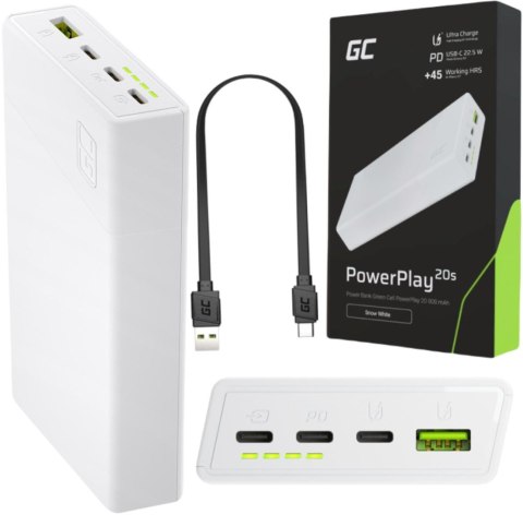POWERBANK Green Cell PowerPlay20S 20000mAh PD 22,5W QC 3.0 3x USB-C BIAŁY POWERBANK Green Cell PowerPlay20S 20000mAh PD 22,5W QC 3.0 3x USB-C BIAŁY
