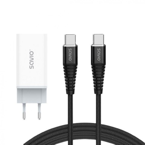 Ładowarka sieciowa 65W GaN LA-07 z kablem typu C-USB typ C 100W 1m, biało-czarna Ładowarka sieciowa 65W GaN LA-07 z kablem typu C-USB typ C 100W 1m, biało-czarna