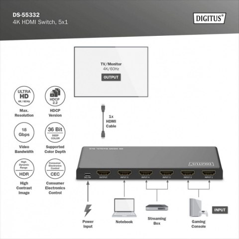 Przełącznik/Switch 4K HDMI 5x1, 60Hz HDCP 2.3, pilot, Czarny Przełącznik/Switch 4K HDMI 5x1, 60Hz HDCP 2.3, pilot, Czarny