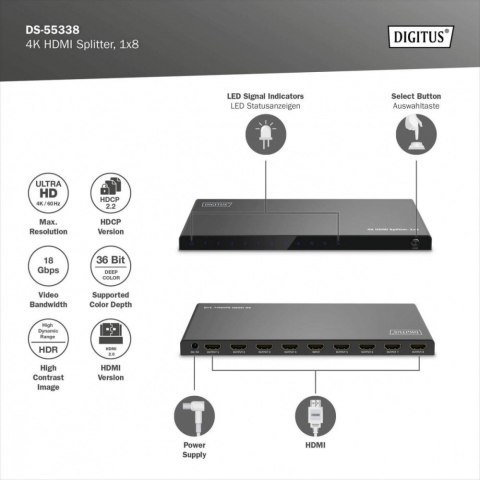Rozdzielacz/Splitter HDMI 1x8, 4K/60Hz UHD z HDR, 18 Gbps, HDCP 2.2, EDID Rozdzielacz/Splitter HDMI 1x8, 4K/60Hz UHD z HDR, 18 Gbps, HDCP 2.2, EDID