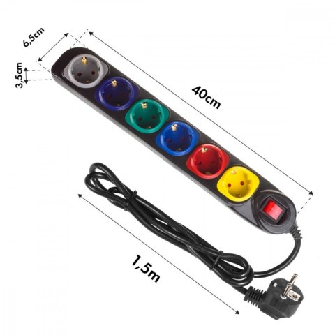 Listwa zasilająca 1,5m 250VAC/10A MCE509 B 2500 Q, IP20, 6 gniazd, prąd znamionowy 10A, czarny Listwa zasilająca 1,5m 250VAC/10A MCE509 B 2500 Q, IP20, 6 gniazd, prąd znamionowy 10A, czarny