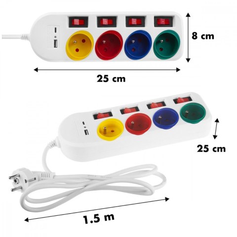 Przedłużacz 4 gniazda 1.5m, USB A/C MCE508 W Przedłużacz 4 gniazda 1.5m, USB A/C MCE508 W