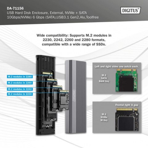 Obudowa USB 3.1 Typ C na dysk SSD M.2 NVMe 10 Gbps + SATA 6 Gbps aluminiowa, beznarzędziowa Obudowa USB 3.1 Typ C na dysk SSD M.2 NVMe 10 Gbps + SATA 6 Gbps aluminiowa, beznarzędziowa