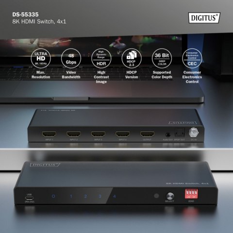 Przełącznik / Switch HDMI 4x1, 8K/60Hz (4:4:4) z HDR, 48 Gbps, HDCP 2.3, Toslink / Stereo, EDID Przełącznik / Switch HDMI 4x1, 8K/60Hz (4:4:4) z HDR, 48 Gbps, HDCP 2.3, Toslink / Stereo, EDID