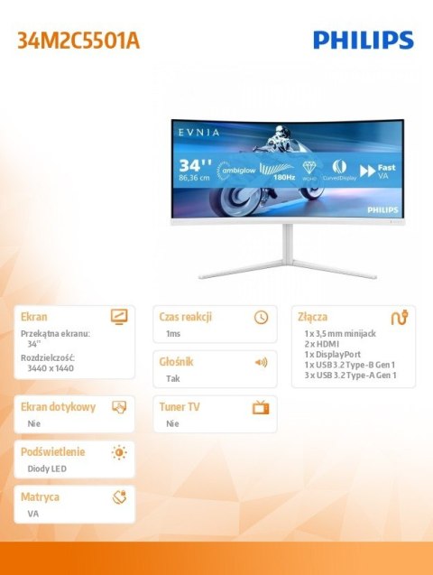 Monitor 34 cale 34M2C5501A Curved VA 180Hz HDMIx2 DP HAS Ambiglow Monitor 34 cale 34M2C5501A Curved VA 180Hz HDMIx2 DP HAS Ambiglow