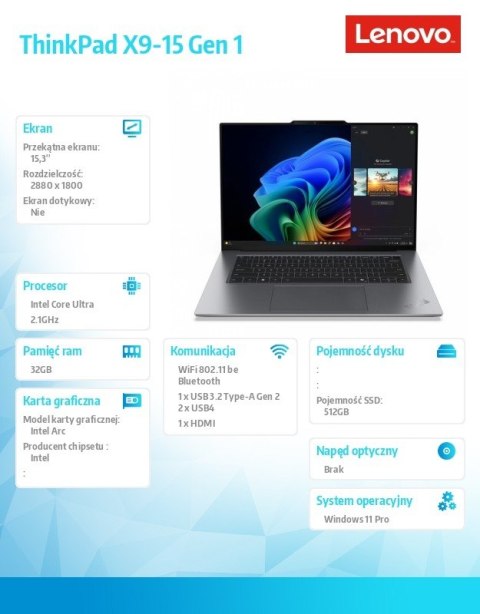Ultrabook ThinkPad X9 G1 21Q60005PB W11Pro Ultra 5 228V/32GB/512GB/INT/15.3 OLED/Grey/3YR Premier + CO2 Offset Ultrabook ThinkPad X9 G1 21Q60005PB W11Pro Ultra 5 228V/32GB/512GB/INT/15.3 OLED/Grey/3YR Premier + CO2 Offset