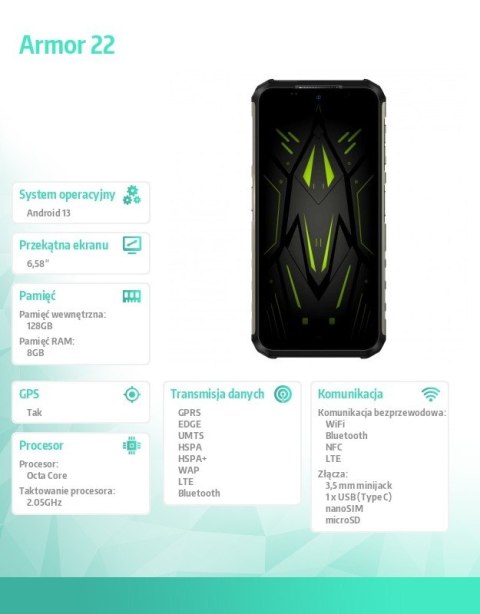 Smartfon Armor 22 4G 8/256GB IP69K Zielony Smartfon Armor 22 4G 8/256GB IP69K Zielony