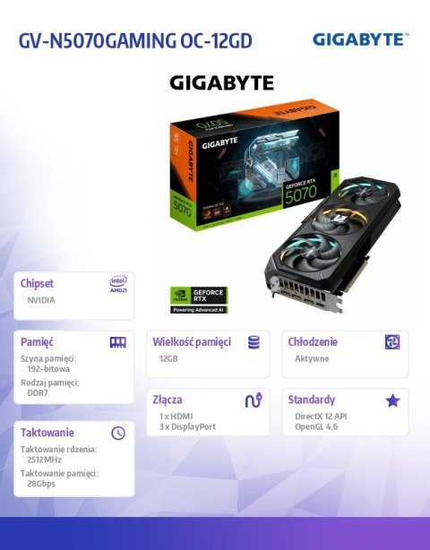 Karta graficzna RTX 5070 GAMING OC 12GB GDDR7 12GB 192bit HDMI/DP Karta graficzna RTX 5070 GAMING OC 12GB GDDR7 12GB 192bit HDMI/DP