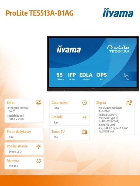 Monitor 55 cali TE5513A-B1AG INFRARED,40pkt,IPS,4K,7H,450cd/m2, WiFi,USB, ANDROID 14, Google EDLA,2x20W, UCHWYT CIENNY Monitor 55 cali TE5513A-B1AG INFRARED,40pkt,IPS,4K,7H,450cd/m2, WiFi,USB, ANDROID 14, Google EDLA,2x20W, UCHWYT CIENNY