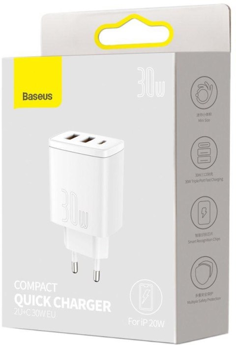 ŁADOWARKA SIECIOWA Baseus Compact Quick Charger CCXJ-E02 30W 2x USB-A 1x USB-C PD 3.0 QC 3.0 BIAŁA ŁADOWARKA SIECIOWA Baseus Compact Quick Charger CCXJ-E02 30W 2x USB-A 1x USB-C PD 3.0 QC 3.0 BIAŁA