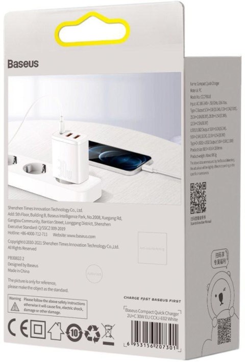 ŁADOWARKA SIECIOWA Baseus Compact Quick Charger CCXJ-E02 30W 2x USB-A 1x USB-C PD 3.0 QC 3.0 BIAŁA ŁADOWARKA SIECIOWA Baseus Compact Quick Charger CCXJ-E02 30W 2x USB-A 1x USB-C PD 3.0 QC 3.0 BIAŁA