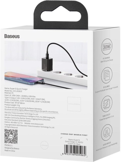 ŁADOWARKA SIECIOWA Baseus Super Si Quick Charger 1C CCSUP-J01 30W 1x USB-C PD 3.0 QC 3.0 CZARNA ŁADOWARKA SIECIOWA Baseus Super Si Quick Charger 1C CCSUP-J01 30W 1x USB-C PD 3.0 QC 3.0 CZARNA