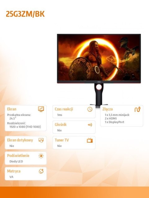 Monitor 24,5 cali 25G3ZM/BK VA 240Hz HDMIx2 DPx2 Pivot Monitor 24,5 cali 25G3ZM/BK VA 240Hz HDMIx2 DPx2 Pivot