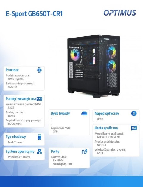 Komputer E-Sport GB650T-CR1 Ryzen 7 7800X3D/32GB/2TB/RTX 5070 OC 12GB/WIN Komputer E-Sport GB650T-CR1 Ryzen 7 7800X3D/32GB/2TB/RTX 5070 OC 12GB/WIN