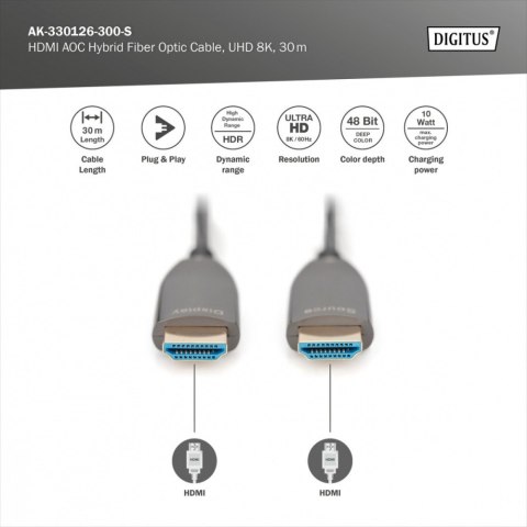 Kabel połączeniowy hybrydowy AOC HDMI 2.1 Ultra High Speed 8K/60Hz UHD HDMI A/HDMI A M/M 30m Czarny Kabel połączeniowy hybrydowy AOC HDMI 2.1 Ultra High Speed 8K/60Hz UHD HDMI A/HDMI A M/M 30m Czarny