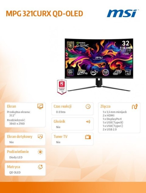 Monitor MPG 321CURX QD-OLED/31.5 cala/LED/UHD/Curv/240/Black Monitor MPG 321CURX QD-OLED/31.5 cala/LED/UHD/Curv/240/Black