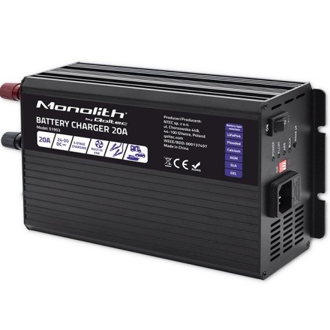 Inteligentna ładowarka Monolith do akumulatorów LiFePO4 AGM GEL SLA | 20A | 24V Inteligentna ładowarka Monolith do akumulatorów LiFePO4 AGM GEL SLA | 20A | 24V