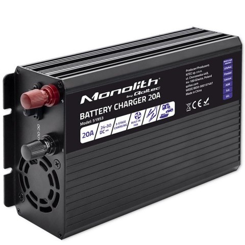 Inteligentna ładowarka Monolith do akumulatorów LiFePO4 AGM GEL SLA | 20A | 24V Inteligentna ładowarka Monolith do akumulatorów LiFePO4 AGM GEL SLA | 20A | 24V