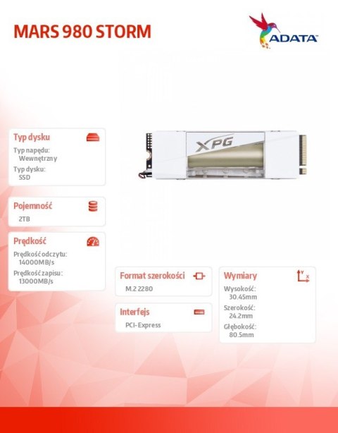 Dysk SSD XPG MARS 980 STORM 2TB PCIe 5x4 14/13 GB/s Dysk SSD XPG MARS 980 STORM 2TB PCIe 5x4 14/13 GB/s
