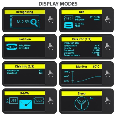 EEM2-SD2 Obudowa zewnętrzna aluminiowa bezśrubowa USB-A/C 3.2 Gen2 M.2 NVMe/SATA display LCD EEM2-SD2 Obudowa zewnętrzna aluminiowa bezśrubowa USB-A/C 3.2 Gen2 M.2 NVMe/SATA display LCD
