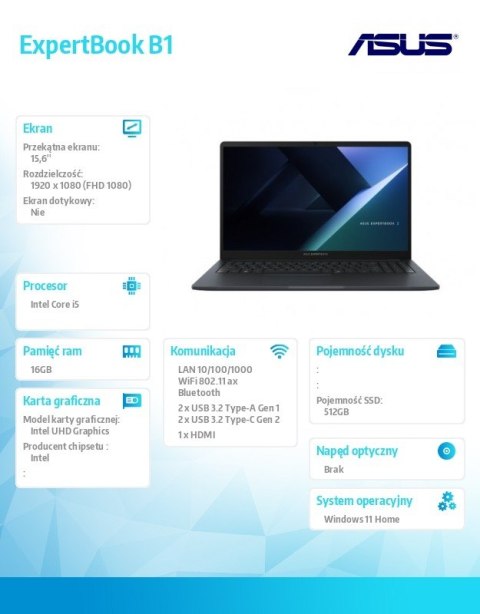 Notebook ExpertBook B1 B1503CVA-S72273W - i5-1334U/16GB/512GB/15.6 FHD/Win 11 HOME /3YRS Notebook ExpertBook B1 B1503CVA-S72273W - i5-1334U/16GB/512GB/15.6 FHD/Win 11 HOME /3YRS