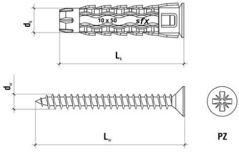 Kołek uniwersalny 6x30/50, wkręt z łbem stożkowym, karton (SFXP-06030050 x 100szt.) Kołek uniwersalny 6x30/50, wkręt z łbem stożkowym, karton (SFXP-06030050 x 100szt.)