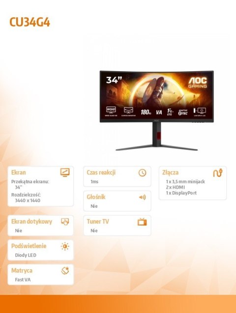 Monitor CU34G4 34 cale 180Hz Curved VA HDMIx2 DP HAS Monitor CU34G4 34 cale 180Hz Curved VA HDMIx2 DP HAS