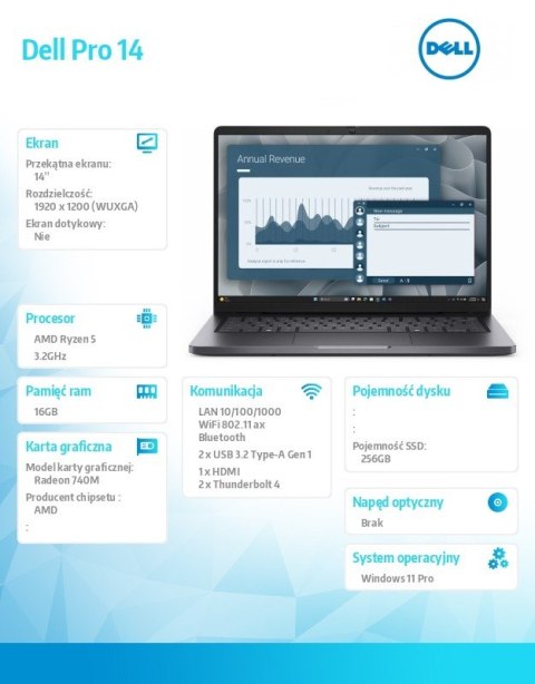 Laptop Dell Pro 14 PC14255/AMD Ryzen 5 220/16GB/256GB/14.0 FHD+/Radeon 740M/FgrPr/Cam & Mic/WLAN + BT/Backlit Kb/3 Cell/W11Pro Laptop Dell Pro 14 PC14255/AMD Ryzen 5 220/16GB/256GB/14.0 FHD+/Radeon 740M/FgrPr/Cam & Mic/WLAN + BT/Backlit Kb/3 Cell/W11Pro