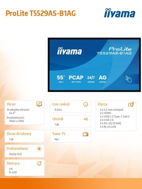 Monitor 55 cali T5529AS-B1AG VA,4K,HDMIx2,USB-C,RJ45,2x10W,WiFi, Android 14, Signal FailOver, Whiteboard, iiSignage2 (CMS), Monitor 55 cali T5529AS-B1AG VA,4K,HDMIx2,USB-C,RJ45,2x10W,WiFi, Android 14, Signal FailOver, Whiteboard, iiSignage2 (CMS),