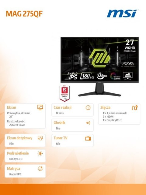 Monitor MAG 275QF 27 cali/LED/QHD/Flat/180Hz/Black Monitor MAG 275QF 27 cali/LED/QHD/Flat/180Hz/Black