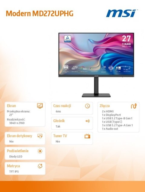 Monitor Modern MD272UPHG 27 cali/LED/UHD/Flat/60Hz/Czarny Monitor Modern MD272UPHG 27 cali/LED/UHD/Flat/60Hz/Czarny