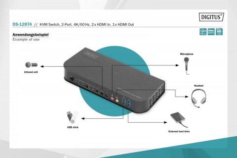 Przełącznik KVM 2 portowy, 2x HDMI IN, 1x HDMI OUT, 2x USB A, 1x Audio, 4K x 2K 60Hz, IN&OUT Przełącznik KVM 2 portowy, 2x HDMI IN, 1x HDMI OUT, 2x USB A, 1x Audio, 4K x 2K 60Hz, IN&OUT