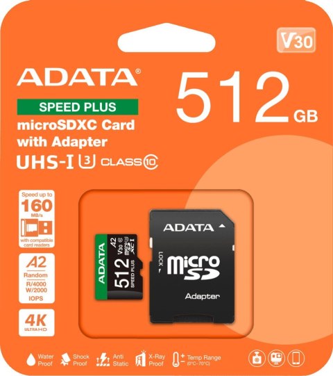 Adata Karta pamięci microSD Speed Plus 512GB UHS1 U3 V30 A2 180/160 MB/s Adata Karta pamięci microSD Speed Plus 512GB UHS1 U3 V30 A2 180/160 MB/s