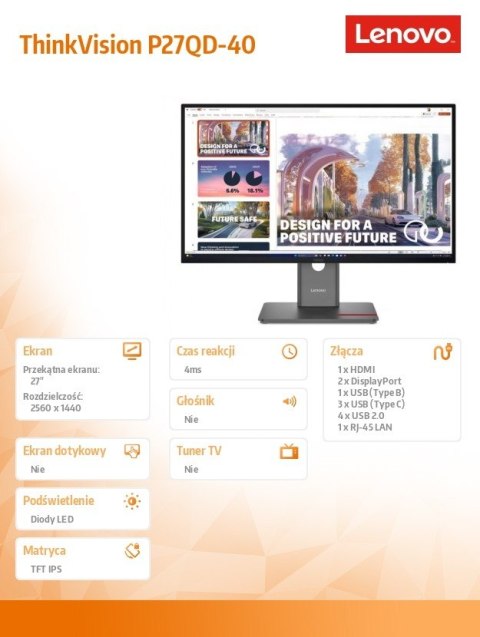 Monitor ThinkVision P27QD-40 27 cali 64B3ZAT2EU Monitor ThinkVision P27QD-40 27 cali 64B3ZAT2EU