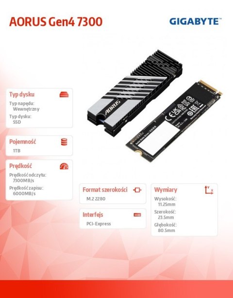 Dysk SSD AORUS NVMe Gen4 1TB M.2 2280 9JS18N100-00-G10 Dysk SSD AORUS NVMe Gen4 1TB M.2 2280 9JS18N100-00-G10