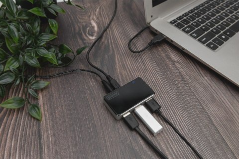 HUB/Koncentrator 4-portowy USB 2.0 HighSpeed, aktywny, czarno-srebrny HUB/Koncentrator 4-portowy USB 2.0 HighSpeed, aktywny, czarno-srebrny