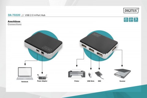 HUB/Koncentrator 4-portowy USB 2.0 HighSpeed, aktywny, czarno-srebrny HUB/Koncentrator 4-portowy USB 2.0 HighSpeed, aktywny, czarno-srebrny
