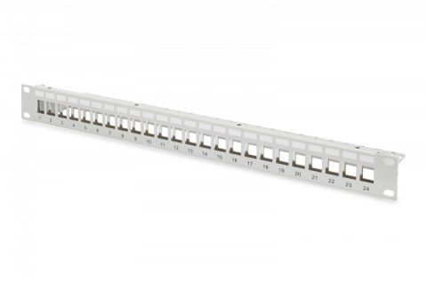 Panel krosowy (patch panel) modularny 19" 24 porty pod moduły keystone, 1U, ekranowany, prowadnica kabli, pola opisowe, szary Panel krosowy (patch panel) modularny 19" 24 porty pod moduły keystone, 1U, ekranowany, prowadnica kabli, pola opisowe, szary