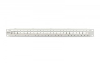 Panel krosowy (patch panel) modularny 19" 24 porty pod moduły keystone, 1U, ekranowany, prowadnica kabli, pola opisowe, szary