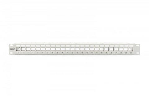 Panel krosowy (patch panel) modularny 19" 24 porty pod moduły keystone, 1U, ekranowany, prowadnica kabli, pola opisowe, szary Panel krosowy (patch panel) modularny 19" 24 porty pod moduły keystone, 1U, ekranowany, prowadnica kabli, pola opisowe, szary