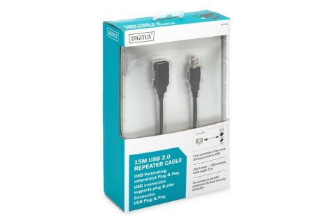 Kabel przedłużający USB 2.0 HighSpeed Typ USB A/USB A M/Ż aktywny, czarny 15m Kabel przedłużający USB 2.0 HighSpeed Typ USB A/USB A M/Ż aktywny, czarny 15m