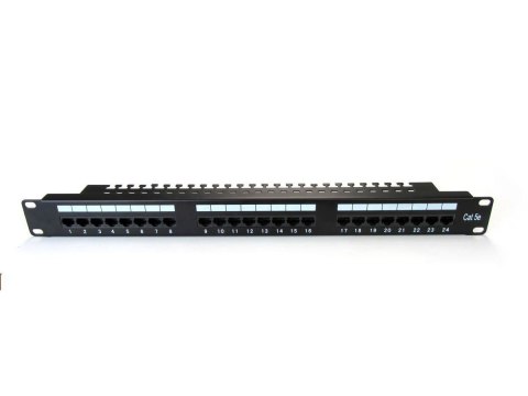 Patch panel 19" 24 porty, kat.5e, U/UTP, 1U, wspornik kablowy, czarny (kompletny) Patch panel 19" 24 porty, kat.5e, U/UTP, 1U, wspornik kablowy, czarny (kompletny)