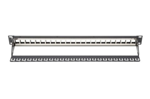Panel krosowy (patch panel) modularny 19" 24 porty pod moduły keystone, 1U, ekranowany, prowadnica kabli, pola opisowe, czarny Panel krosowy (patch panel) modularny 19" 24 porty pod moduły keystone, 1U, ekranowany, prowadnica kabli, pola opisowe, czarny