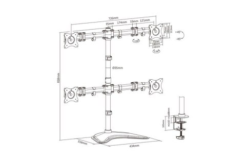 Stojak biurkowy poczwórny, 4xLCD, max. 27", max. obciążenie 8kg, uchylno-obrotowy 360° (PIVOT) Stojak biurkowy poczwórny, 4xLCD, max. 27", max. obciążenie 8kg, uchylno-obrotowy 360° (PIVOT)