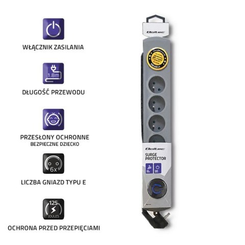 Listwa antyprzepięciowa Quick Switch, 6 gniazd, 1,8m, szara Listwa antyprzepięciowa Quick Switch, 6 gniazd, 1,8m, szara
