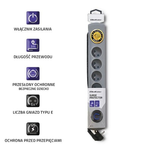 Listwa antyprzepięciowa Quick Switch, 6 gniazd, 3m, szara Listwa antyprzepięciowa Quick Switch, 6 gniazd, 3m, szara